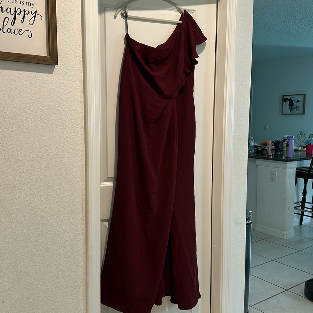 Burgundy, one shoulder dress from David’s bridal